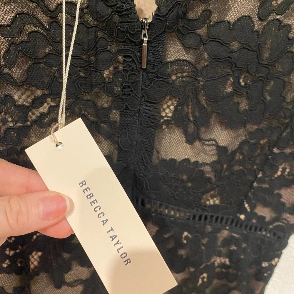 NWT REBECCA TAYLOR open back short sleeve black lace dress Size 4 - Picture 4 of 5